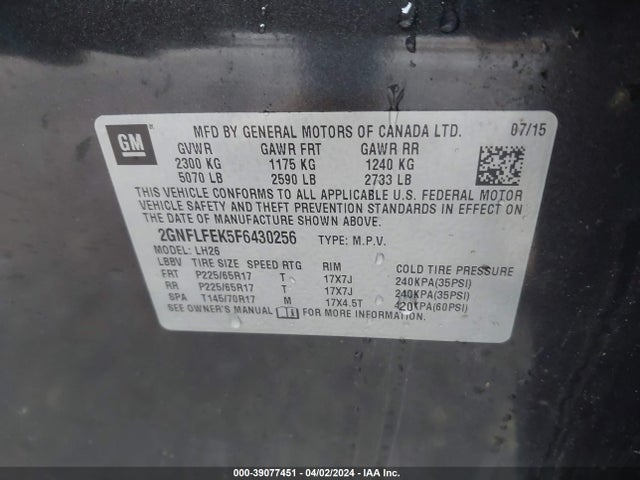 Chevrolet EQUINOX 1LT 2015 2GNFLFEK5F6430256 Image 9
