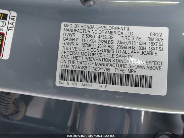 7FARW2H85NE041765 Honda Cr-v Awd Ex-l