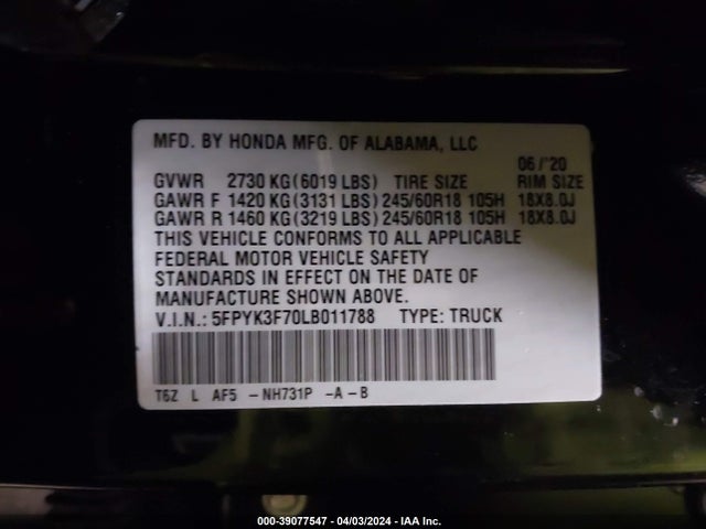 Honda Ridgeline Rtl-e 2020 5FPYK3F70LB011788 Image 9