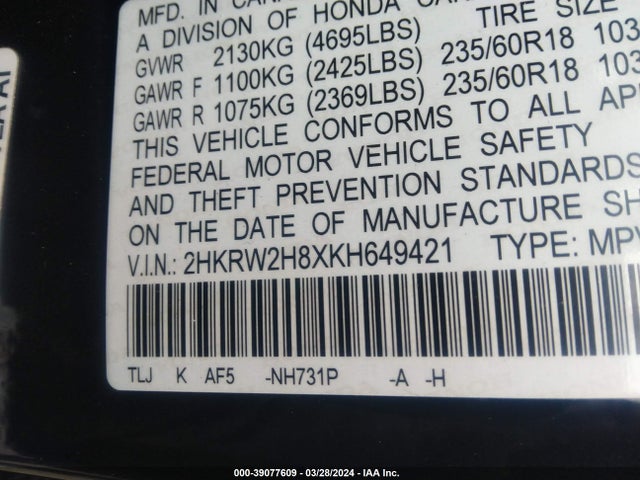 39077609 :رقم المزاد ، 2HKRW2H8XKH649421 vin ، 2019 Honda Cr-v Ex-l مزاد بيع