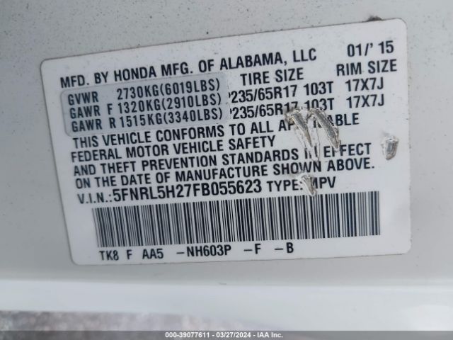 5FNRL5H27FB055623 Honda ODYSSEY LX