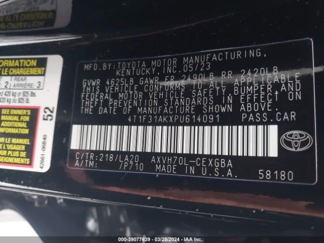 4T1F31AKXPU614091 Toyota Camry Xle Hybrid