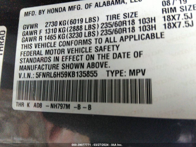 Honda ODYSSEY EX 2019 5FNRL6H59KB135855 Image 9