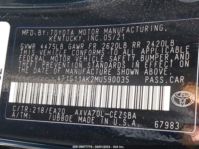 2021 TOYOTA CAMRY 4T1G11AK2MU590035 Photo 8