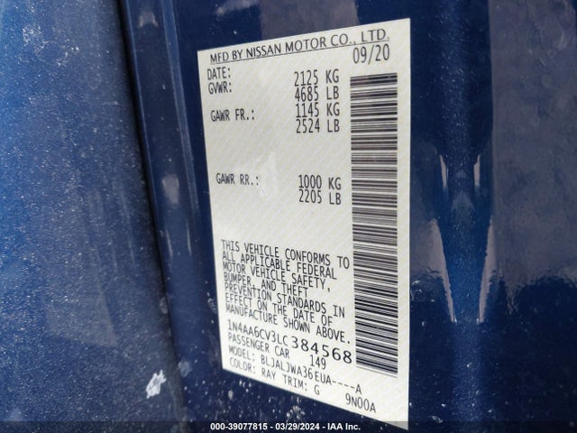 Nissan Maxima Sv Xtronic Cvt 2020 1N4AA6CV3LC384568 Image 9