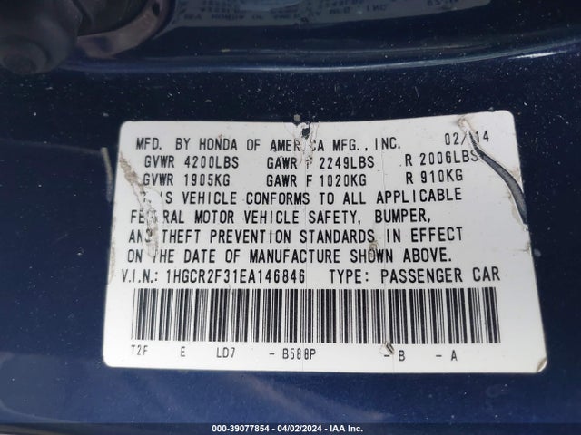 Honda ACCORD LX 2014 1HGCR2F31EA146846 Image 9