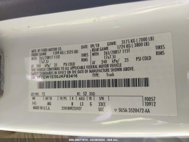 1FTEW1E50JKF83416 Ford F-150 Xlt