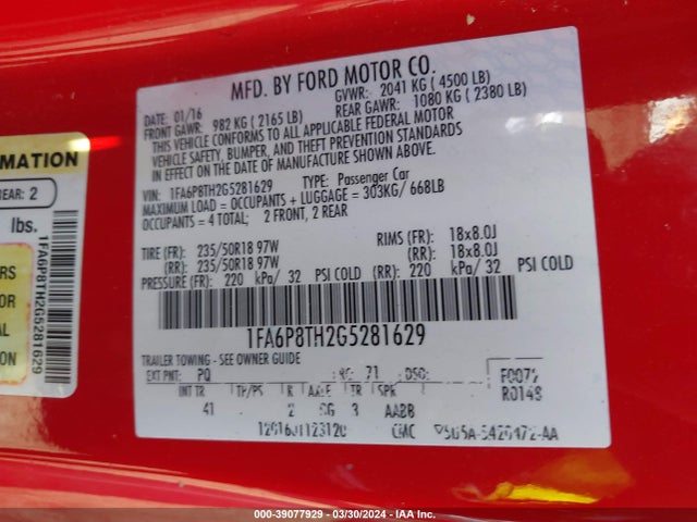 Ford Mustang Ecoboost 2016 1FA6P8TH2G5281629 Image 9