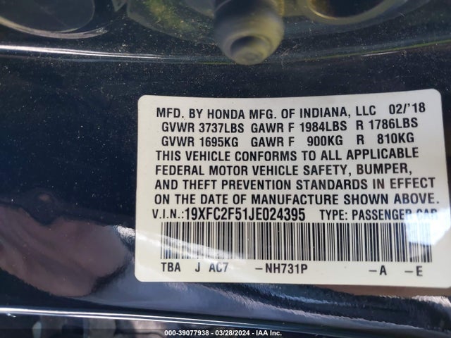 Honda Civic Lx 2018 19XFC2F51JE024395 Image 9