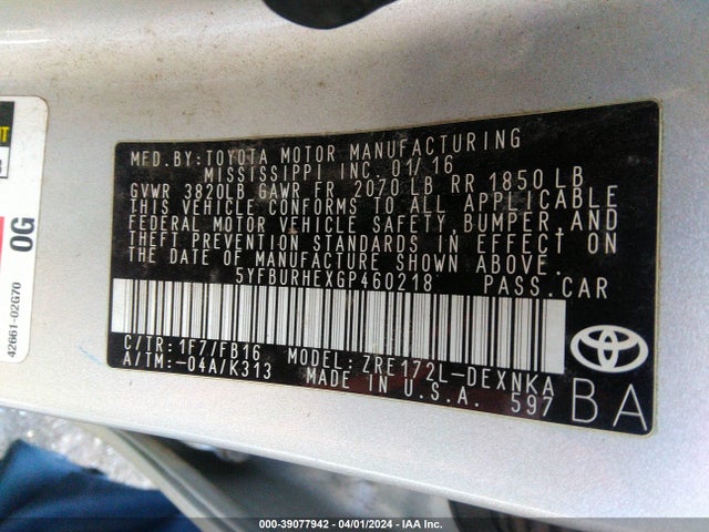 Toyota COROLLA LE 2016 5YFBURHEXGP460218 Image 9