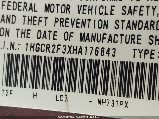 Honda ACCORD LX 2017 1HGCR2F3XHA176643 Image 9