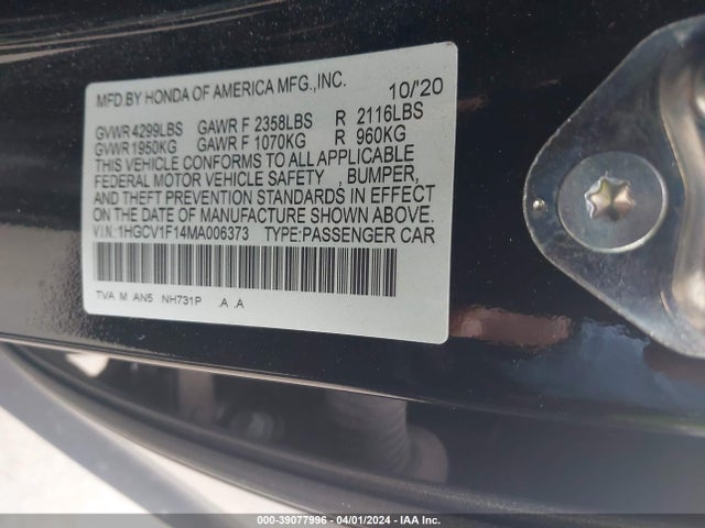 Honda ACCORD LX 2021 1HGCV1F14MA006373 Image 9