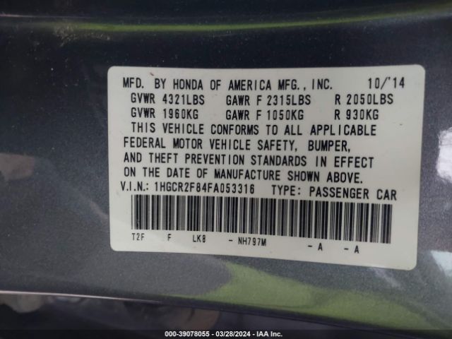 1HGCR2F84FA053316 Honda Accord Ex-l