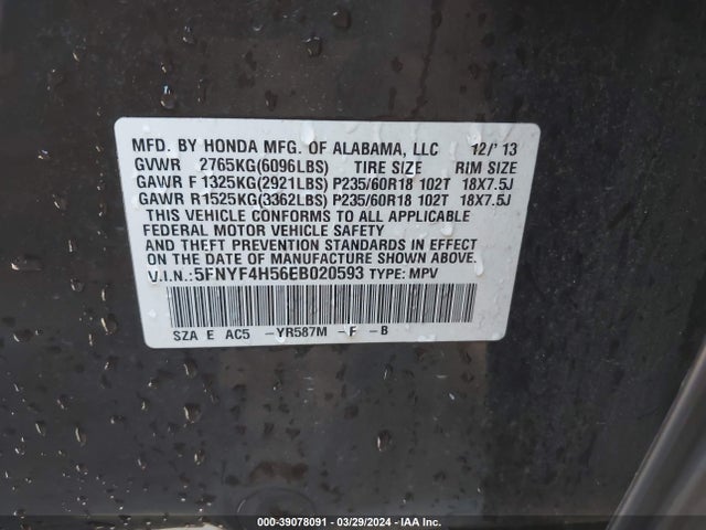 Honda Pilot Ex-l 2014 5FNYF4H56EB020593 Image 9