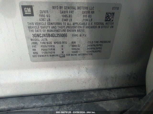 Chevrolet Trax 1ls 2016 3GNCJNSB4GL259066 Image 9