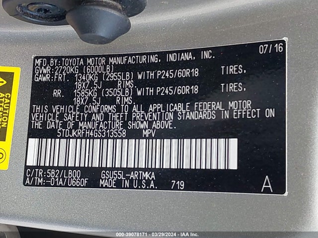 Toyota Highlander Xle V6 2016 5TDJKRFH4GS313558 Image 9