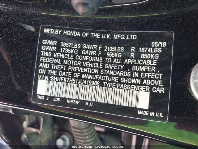 Honda CIVIC EX 2018 SHHFK7H51JU419988 Image 9