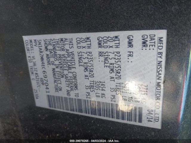 5N1AR2MN4EC697041 Nissan Pathfinder Platinum