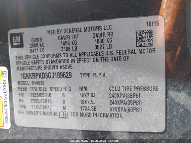 1GKKRPKD3GJ189629 GMC Acadia Sle-2