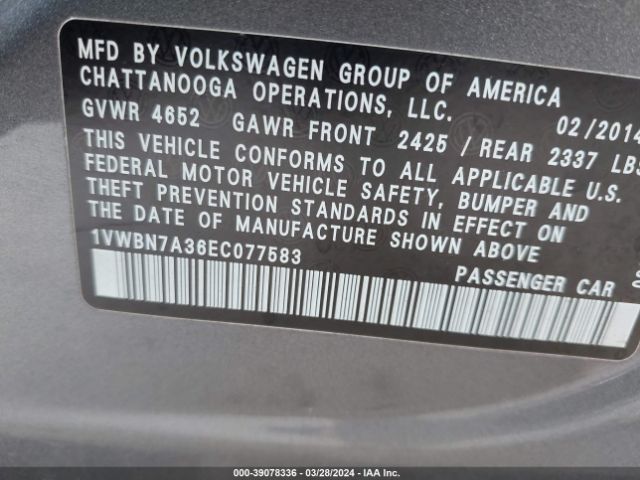 1VWBN7A36EC077583 Volkswagen Passat 2.0l Tdi Se