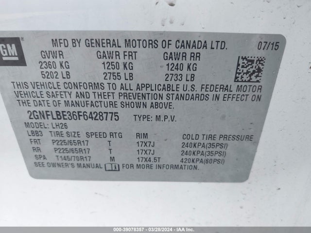 Chevrolet EQUINOX 1LT 2015 2GNFLBE36F6428775 Image 9
