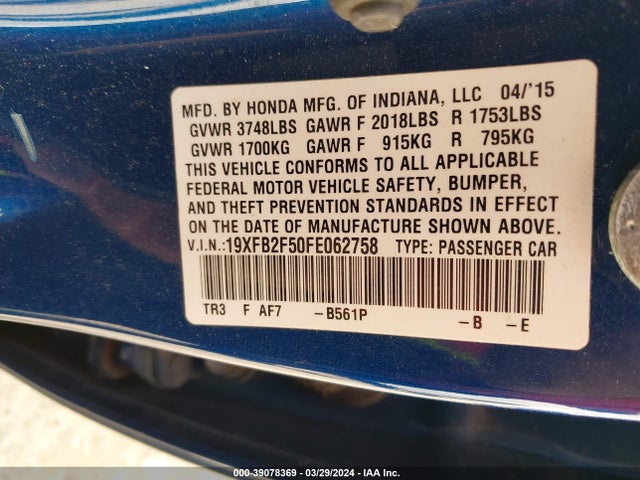 Honda Civic Lx 2015 19XFB2F50FE062758 Image 9