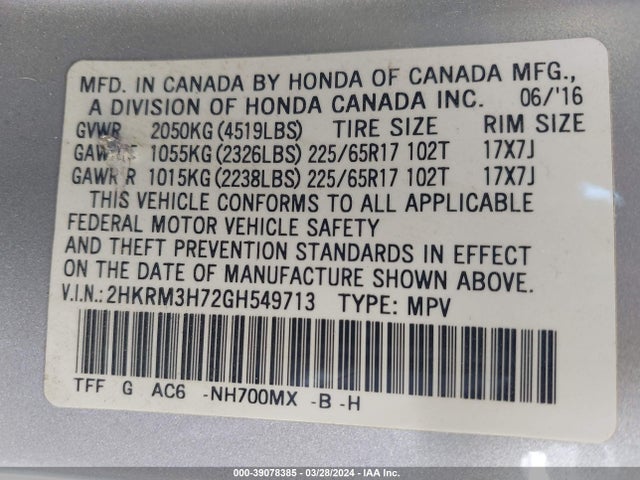 Honda Cr-v Ex-l 2016 2HKRM3H72GH549713 Image 9