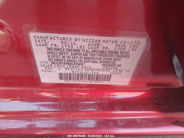 Nissan Versa 1.6 Sl 2016 3N1CN7AP8GL875247 Image 9