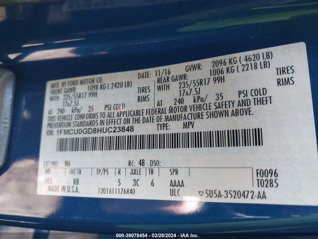 Ford ESCAPE SE 2017 1FMCU0GD8HUC23848 Image 9