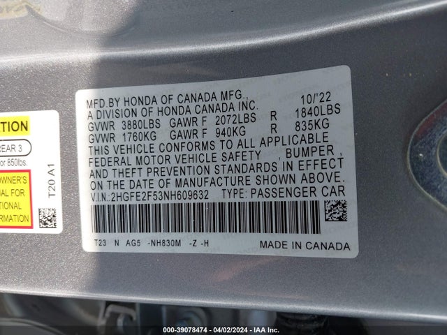 Honda Civic Sport 2022 2HGFE2F53NH609632 Image 9