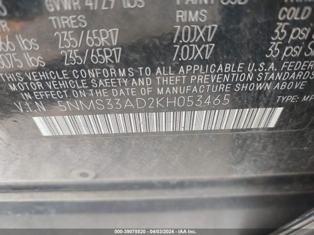 Hyundai Santa Fe Sel 2019 5NMS33AD2KH053465 Image 9