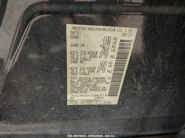 Nissan Murano Sv Intelligent Awd 2020 5N1AZ2BS0LN106374 Image 9