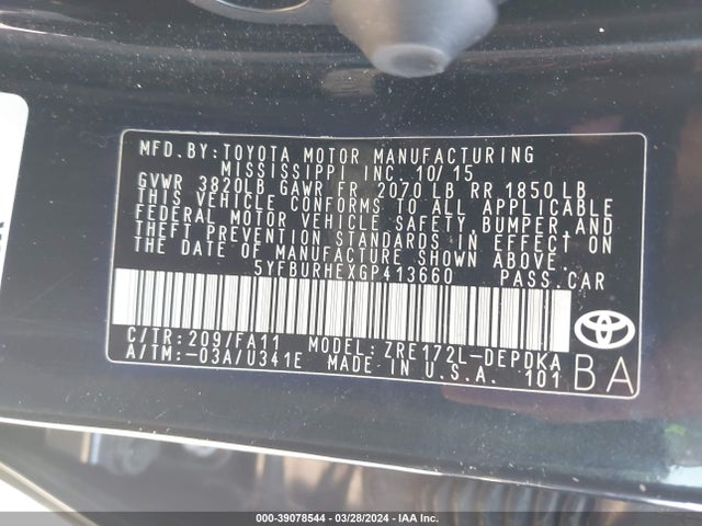 Toyota COROLLA L 2016 5YFBURHEXGP413660 Image 9
