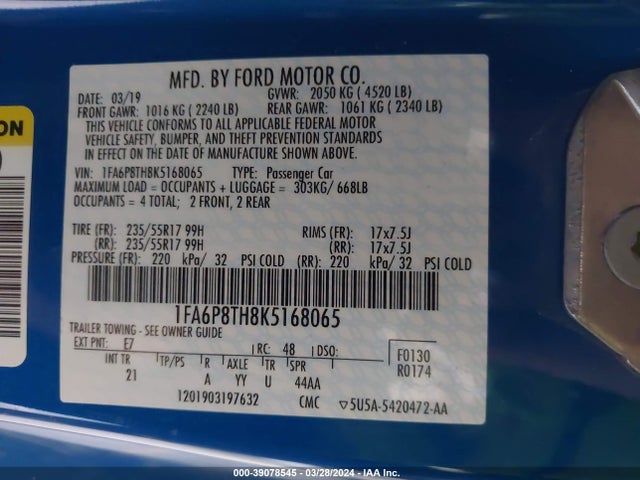 Ford Mustang Ecoboost 2019 1FA6P8TH8K5168065 Image 9