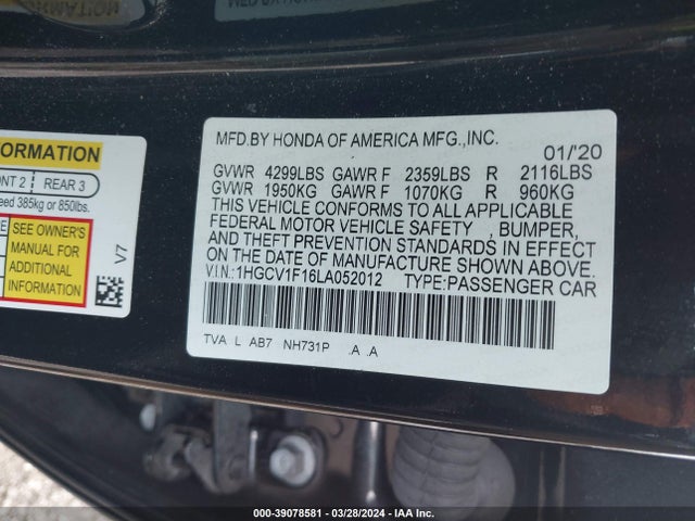 Honda ACCORD LX 2020 1HGCV1F16LA052012 Image 9