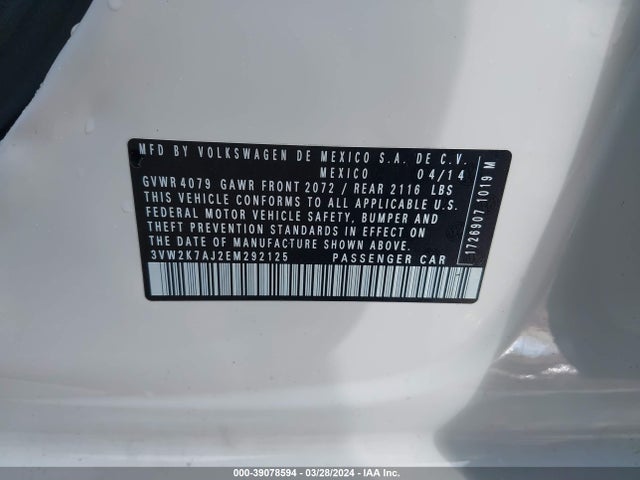 Volkswagen Jetta 2.0l S 2014 3VW2K7AJ2EM292125 Image 9