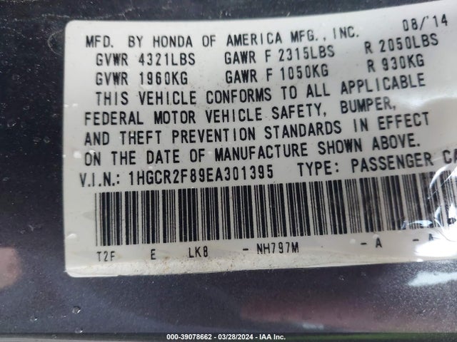 Honda Accord Ex-l 2014 1HGCR2F89EA301395 Image 9
