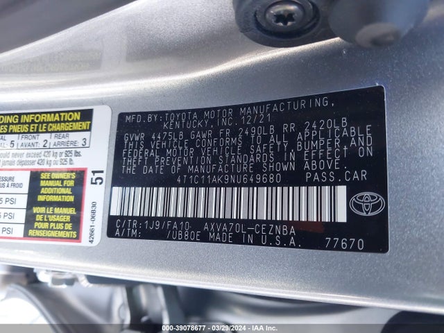 Toyota CAMRY LE 2022 4T1C11AK9NU649680 Image 9