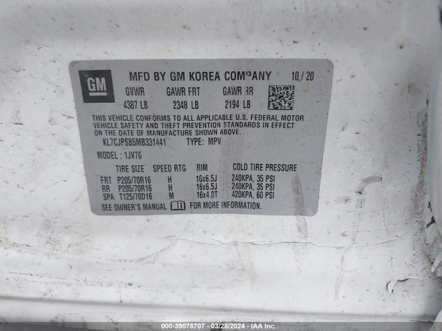 Chevrolet Trax Awd Lt 2021 KL7CJPSB5MB331441 Image 9