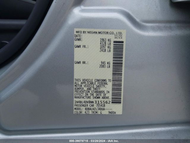 1N4BL4DV8NN315562 Nissan Altima Sv Fwd