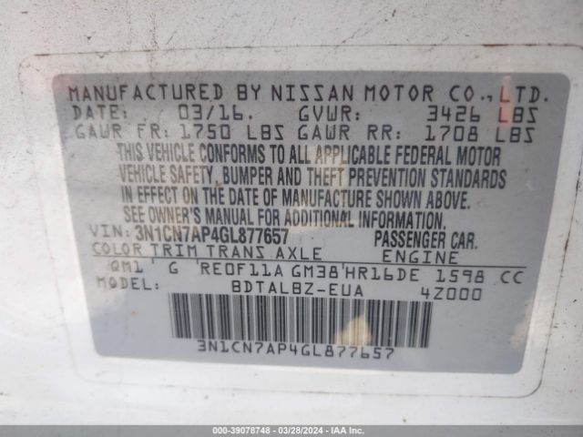 3N1CN7AP4GL877657 Nissan Versa 1.6 S/1.6 S+/1.6 Sl/1.6 Sv