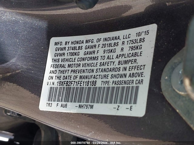 Honda CIVIC SE 2015 19XFB2F71FE118188 Image 9