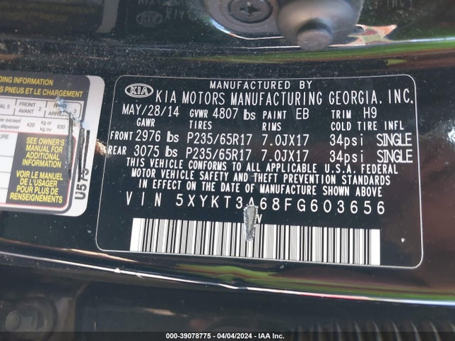 KIA SORENTO LX 2015 5XYKT3A68FG603656 Image 9