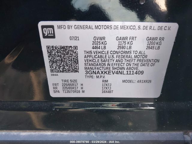 3GNAXKEV4NL111409 Chevrolet Equinox Fwd Lt