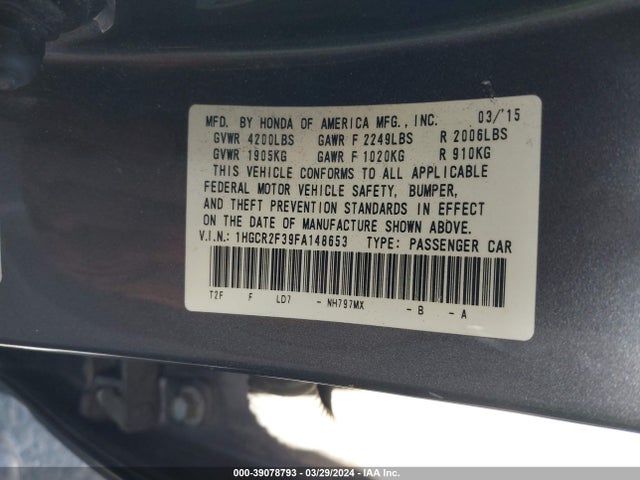 Honda ACCORD LX 2015 1HGCR2F39FA148653 Image 9