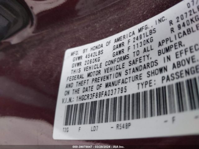 1HGCR3F89FA037795 Honda Accord Ex-l V-6