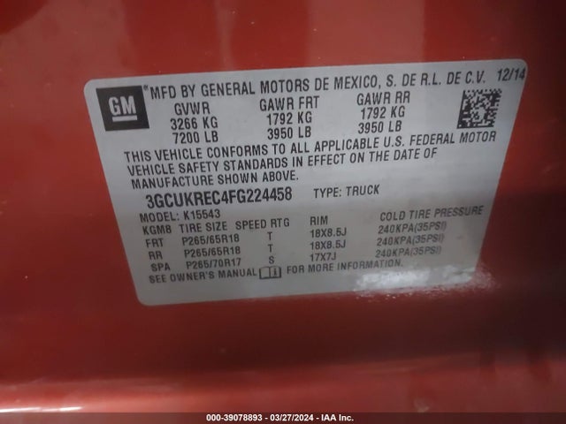 Chevrolet Silverado 1500 2lt 2015 3GCUKREC4FG224458 Image 9