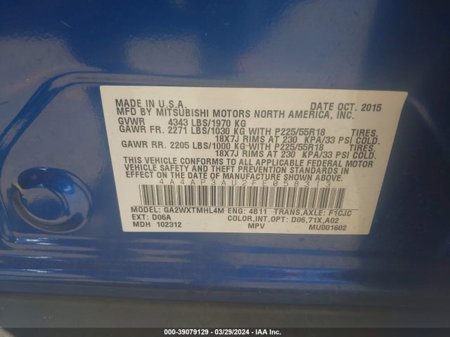 4A4AP3AU2FE058313 Mitsubishi Outlander Sport Es