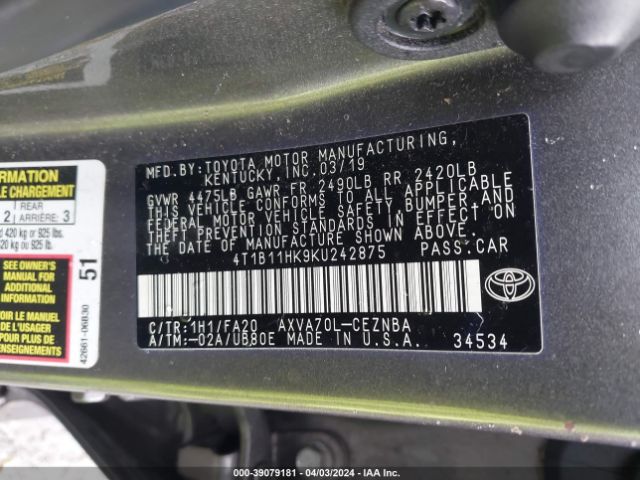 4T1B11HK9KU242875 Toyota CAMRY LE