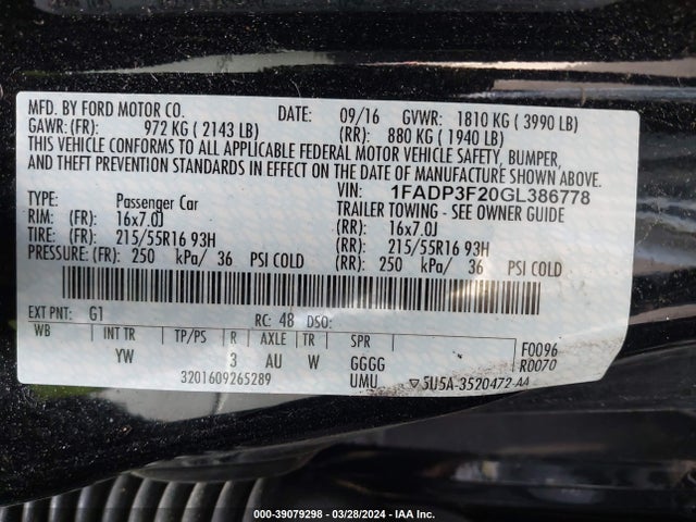 Ford FOCUS SE 2016 1FADP3F20GL386778 Image 9